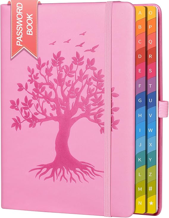 Password Book with Colorful Alphabetical Tabs, 8.4" x 5.8" Hardcover Password Keeper Organizer for Managing Internet Website Addresses and Logins, Ideal Gift for Home and Office - Pink