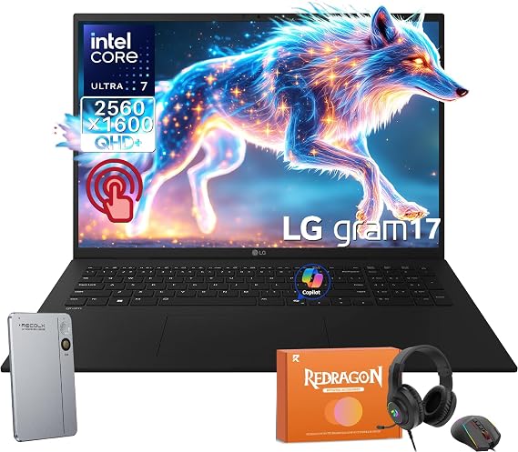 LG Gram 17 Touchscreen Laptop Business PC, Intel Ultra 7 258V, 17 QHD+ 320 Nits, 32 GB LPDDR5X 8533MT/s, 4 TB SSD, Wi-Fi 7, Windows 11 Pro, W/REDRAGON Headphones & Mouse, RECOLX AI Voice Recorder