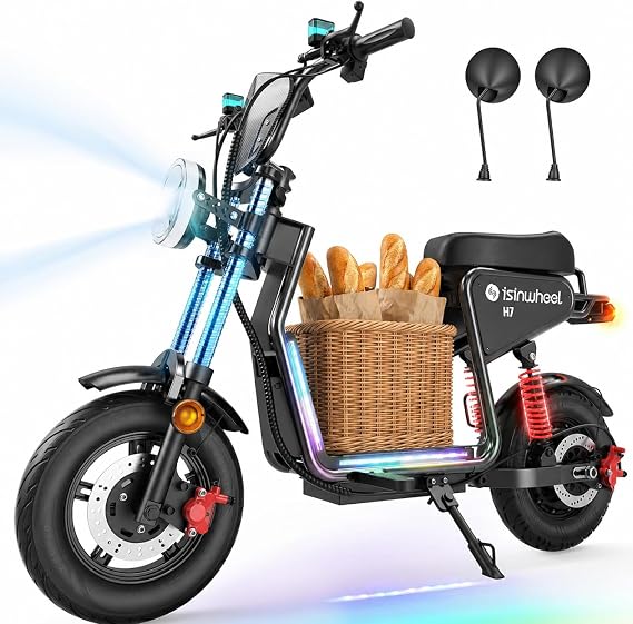 isinwheel H7Pro/H7 Electric Scooter with Seat, 50/43 Miles Range, 40/35 MPH High Speed, 16"/15" Fat Tire Scooter for Adult with Mood Lights, NFC Start, 2000/1500W Motor E Scooter Long Range