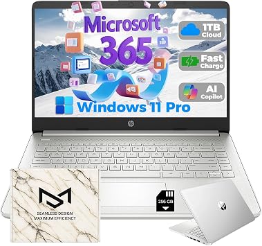HP Essential Everyday Laptop Computer - Win 11 Pro & AI-Powered 1-Y Office 365, Intel Quad-Core(up to 3.4GHz), 14" Anti-Glare Display, Long Battery Life, 16G RAM, 128G UFS, w/256G SD Card