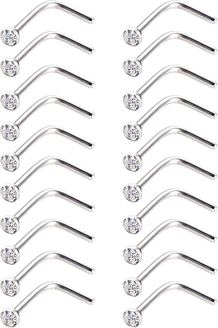 Mudder 20 Pieces Curved Nose Stud Stainless Steel Nose Ring Crystals L Bend Nose Screw Piercing, 20 Gauge