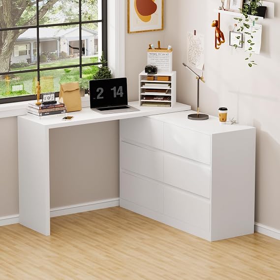 L-Shaped Computer Desk with 6 Drawers, Reversible Writing Desk, Wooden Corner Desk for Home Office Work Study Writing Gaming, White