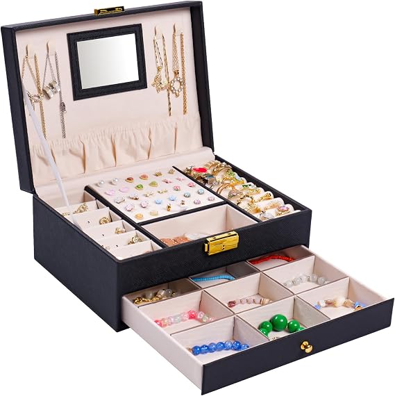 coobest Jewelry Box, 2 Layer Jewelry Organizer with Velvet Earring Organizer, Jewelry Holder Organizer Travel, White Jewelry Boxes for Women, Jewelry Boxes & Organizers for Girls, Black