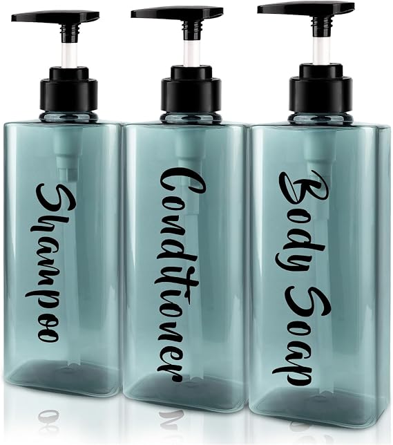 3pcs Shampoo and Conditioner Dispenser, Blue, for Bathroom | 500ml translucent refillable pump for shampoo conditioner shower gel body wash, lotion, hotel home kitchen travel
