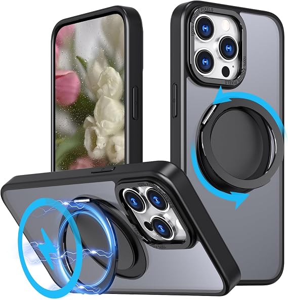 MAXCURY for iPhone 15 Pro Max Case with 360Rotatable Magnetic Ring, [Compatible with MagSafe], Translucent Matte Soft Silicone Bumper Slim Cover for 15 Pro Max Phone 6.7 Inch (Black)