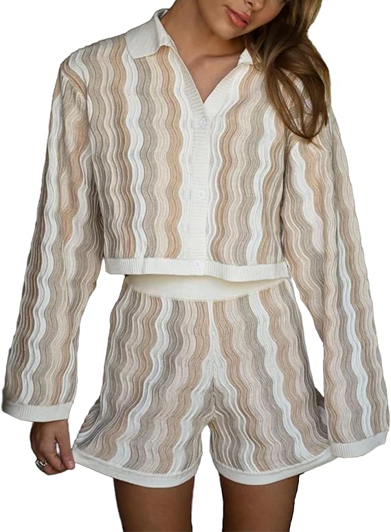 VOIKERDR Crochet Sets Two Piece Women Long Sleeve Stripe Shirt and Shorts Knit Lounge Wear