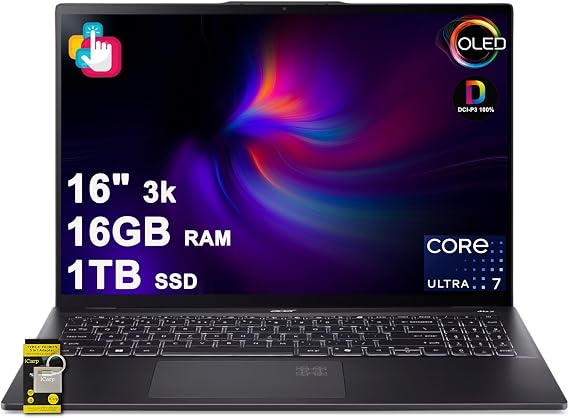 Acer Swift 16 AI Laptop 16" 3k OLED Touch (100% DCI-P3) Intel 8-core Ultra 7 Series 2 256V (Up to 47 Tops) 16GB RAM 1TB SSD for Creator Designer Business Professional Win11 ICP Hub w/AI Copilot+ PC