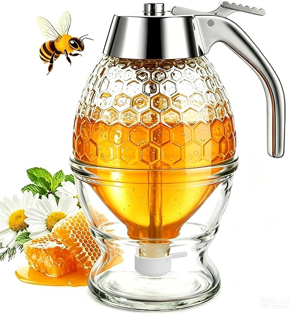 Honey Dispenser, Glass Honey Dispenser No Drip, Honey Pot with Stand, 8 oz Honey Jar, Maple Syrup Honey Container, Elegant Honeycomb Design for Home Decor for Any Occasion