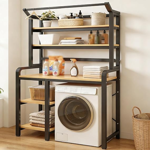 5-Tier Washing Machine Rack Multi-Functional Open Laundry Cabinet Bathroom & Balcony Fits Washer & Dryer Black 110x60x180cm