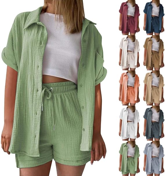 Women's Linen Shorts Sets 2 Piece Summer Short Sleeve Top and Shorts Sweatsuit Set Vacation Beach Outfits