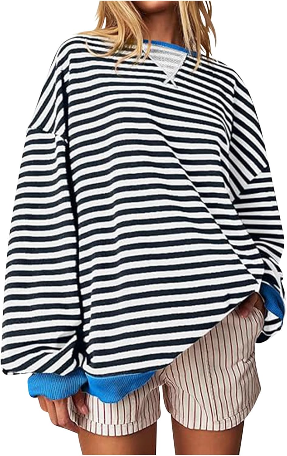 Womens Striped Sweatshirts Oversized Pullover Trendy Casual Tops Long Sleeve Shirts 2024 Winter Fall Fashion Clothes