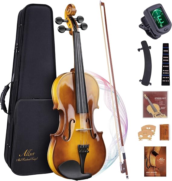 ALLSET 1/2 Full Size Acoustic Violin Kit for Beginners | Polywood Glossy Handmade Violin with Hard Case, Bow, Rosin, Shoulder Rest, Tuner & Extra Strings | Violin for adults | Sunburst