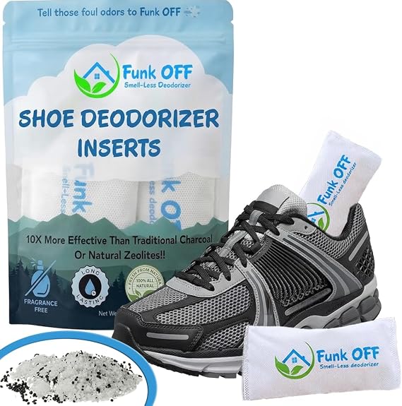 Funk OFF Unscented Natural Shoe Deodorizer Inserts, Activated Charcoal Odor Absorber for Sneakers, Odor Eaters for Shoes, Smell Remover Inserts for Gym Bags, Closets & More, Pet Friendly - Made in USA