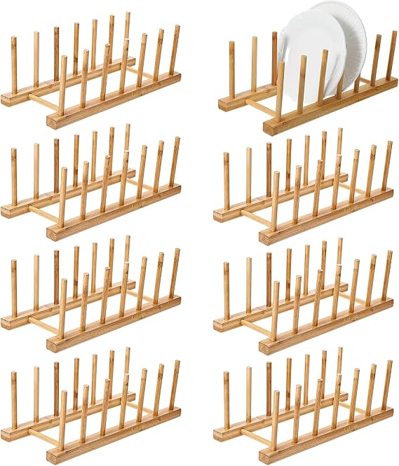 8 Pcs Bamboo Plate Holder & Wooden Dish Rack Organizer, 11.6x4.7x3.9 Inch Bamboo Wooden Dish Rack for Plates, Bowls, Cutting Boards & Kitchen Cabinet Storage