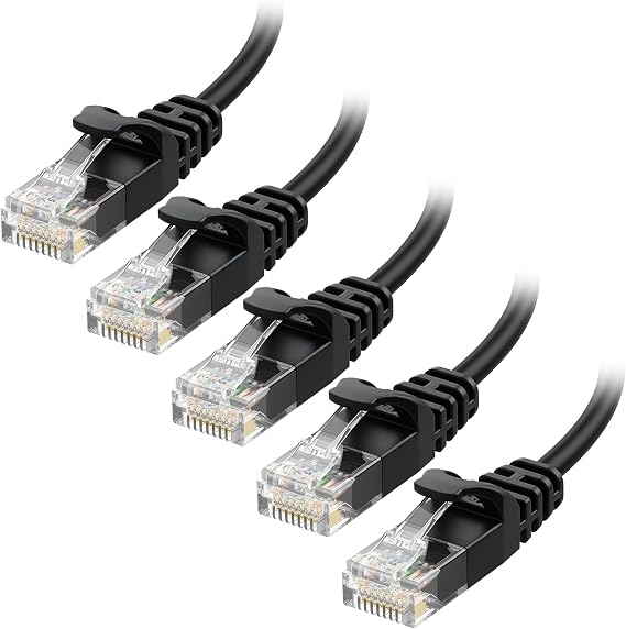 Cable Matters 10Gbps 5-Pack Snagless Short Cat 6 Ethernet Cable - 1ft, Slim Profile Cat 6 Cable, Cat6 Cord, Thin Ethernet Cord, Black