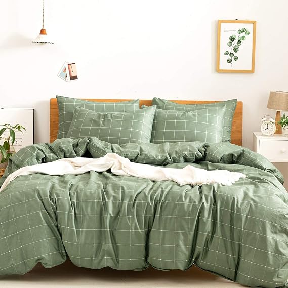 JELLYMONI 100% Natural Cotton 3pcs Plaid Duvet Cover Sets,Green with White Grid Geometric Pattern Printed Comforter Cover,with Zipper Closure & Corner Ties(Full Size)