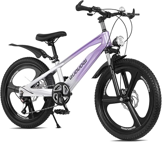 20-Inch Kids Mountain Bike, Lightweight Magnesium Alloy Frame, 7-Speed Gears with Dual Disc Brakes, Front Suspension, LED Headlight, Youth Bike for Ages 6-14