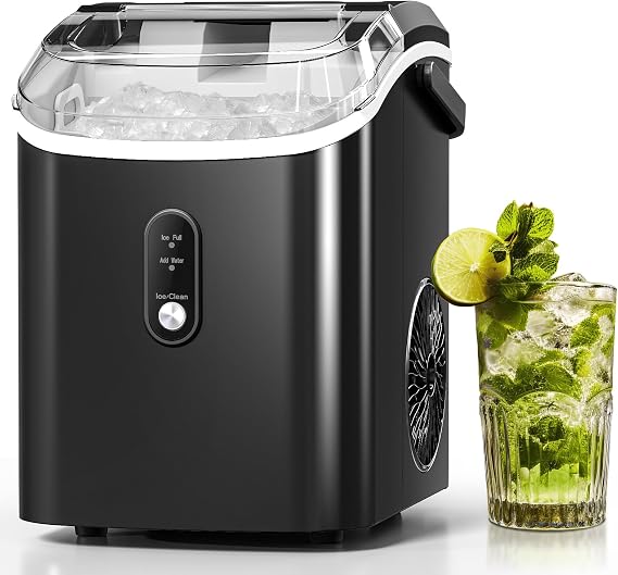 Antarctic Star Nugget Ice Makers Countertop with Self-Cleaning, 35lbs/24Hrs, Portable Crushed Ice Machine with Handle/Basket/Scoop for Home, Kitchen, Office, Camping(Black)