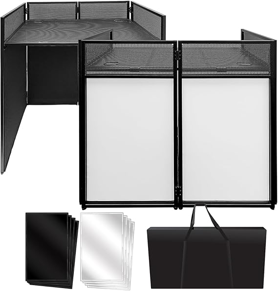 DJ Booth Facade - Foldable Portable Table with Padded Carry Bag, Metal Frame, Flat Top Design for Events