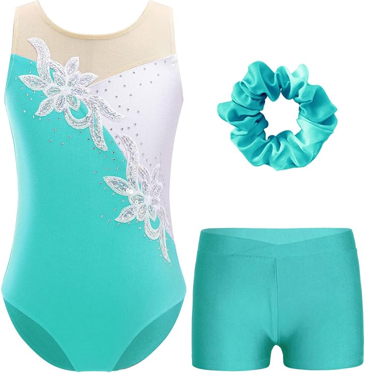 CHICTRY Kids Girls Sleeveless Sparkle Tumbling Gymnastics Leotards With Booty Shorts Hairband Set Dance Costume