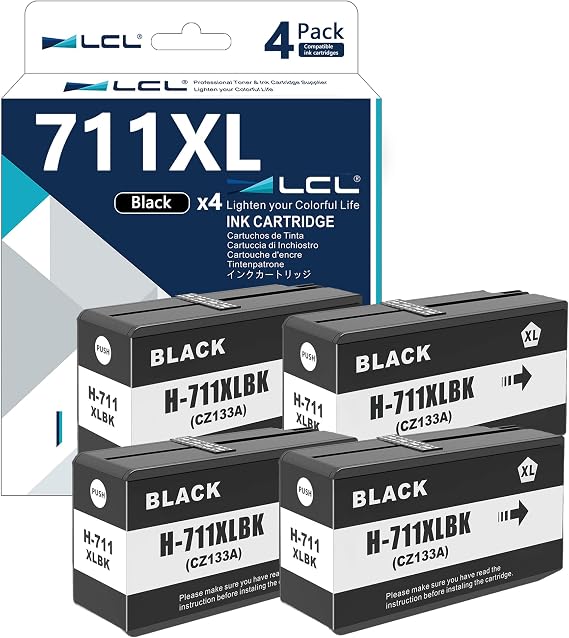 LCL Compatible Ink Cartridge Pigment Replacement for HP 711XL 711 XL CZ129A CZ133A 80ML High Yield Designjet T120 24 T120 610 T520 24 T520 36 T520 610 T520 914 T125 24 T100 T130 T525 T530 (4-Pack Bk)