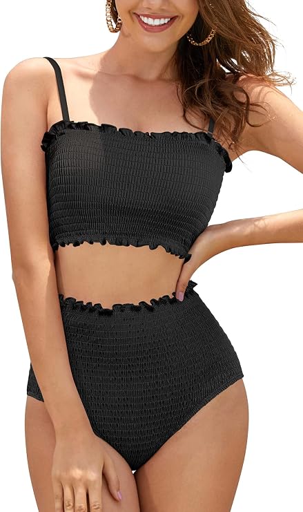 SHEKINI Women's Bikini Sets Shirred Bandeau Bikini Top High Waist Bathing Suit Removable Straps Two Piece Swimsuit