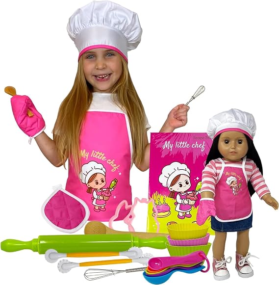 Kids Baking Set with Apron, My Lil Chef Hat for Dress Up, Oven Mitt, Kids Easy Bake Recipe Book, Cooking Toys, | Mini 18 Inch Doll Apron Set Included | Girls Baker Outfit & Kitchen Toys for 3+