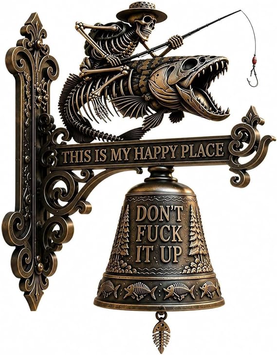 Metal Skeleton Fisherman Wall Bell This is My Happy Place Outdoor Decor,This is My Happy Place Skeleton Fisherman Doorbell,Perfect Sarcastic Gift for Fishermen Home Bar Man Cave