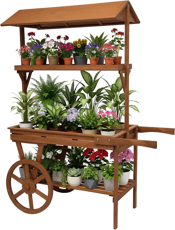 Candy Cart for Parties, Flower Cart Stand with Wheels, Large Country Market Wooden Rolling Table Carts,Easy to Assemble, Rolling Cart for Party, Birthdays, Weddings (Brown)
