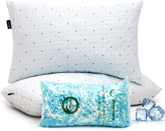 Dreamood Cooling Standard Pillows Set of 2 Adjustable Height & Firmness Shredded Memory Foam Bed Pillows for Sleeping with Soft Cover Sleeping Pillows for Adults for Side Back Stomach Sleeper
