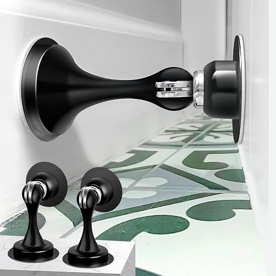 Door Stops, Magnetic Door Stoppers Self Adhesive Magnetic Door Catch Holders for Bottom of Door, Stainless Steel, No Drill Magnet Door Stops, Black, 2 Pack
