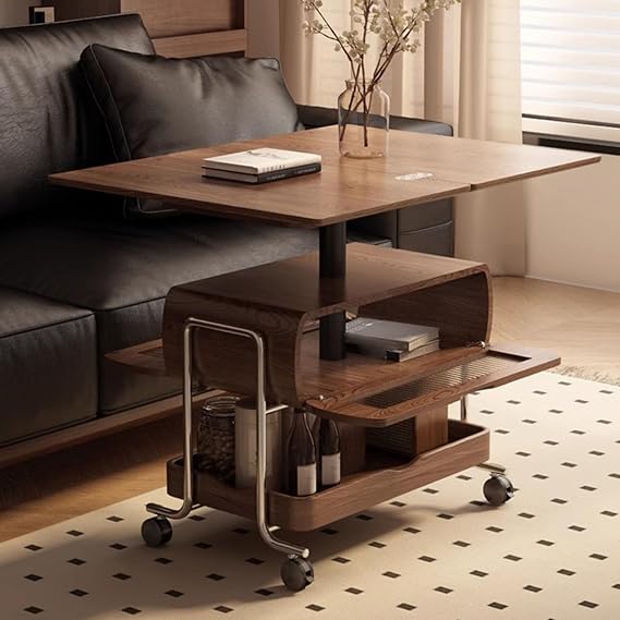 Wood Lift Top Coffee Table with Storage Space and Wheels, Small Side Tables Folding Coffee Tables Space Saving End Table with Rotating Desktop, Lift Tabletop Dining Center Table for Home Living Room