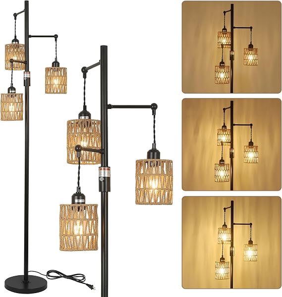 Rayofly Dimmable Rattan Floor Lamp, 3-Lights Boho Lamp with Stepless Dimmer, Industrial Lamps for Living Room, Tall Tree Shades, Farmhouse Standing Bedroom Black-3 Lights [Energy Class A]