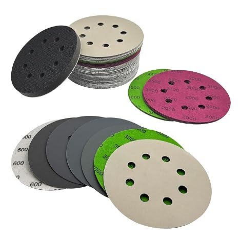 5 Inch Sanding Discs 70pcs Hook and Loop 8 Holes Wet Dry Sandpaper with 1pcs Interface Pad, Grit 600 800 1000 1500 2000 3000 5000