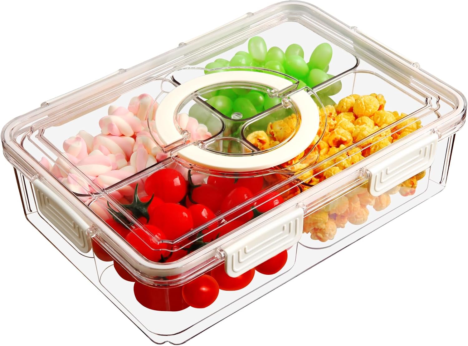 Split Serving Tray with Lid and Handle, 4 Compartment Removable Snack Box, Kitchen Organizer and Storage, Snackle Box Container, BPA Free Fruit Storage Container for Berry, Snacks, Candy, Nuts and