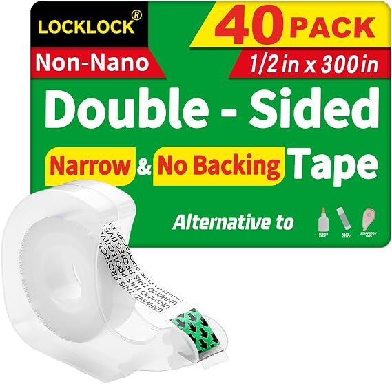 LOCKLOCK Double Sided Tape Light Duty, 40 Pack, 1/2 x 300 inches, Narrow Double StickTape with Dispenser for Crafts, Gift Wrapping, Alternative to Scrapbook Tape, Office School Supplies.