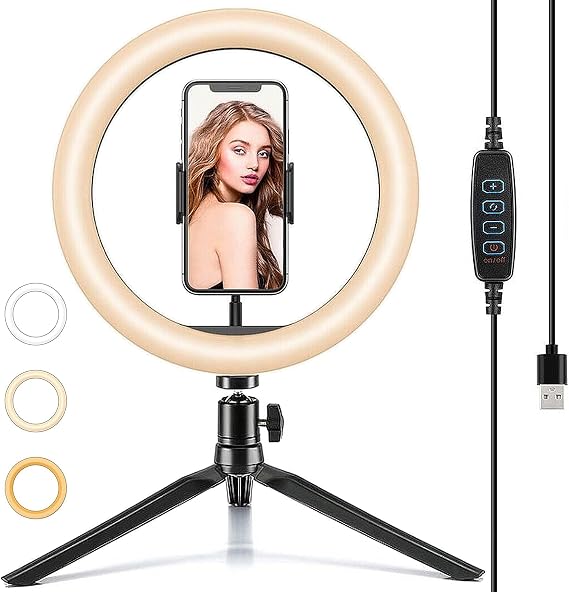 10" Desk Ring Light with Tripod Stand, 3 Light Modes & 11 Brightness Level, Adjustable Selfie Phone Halo Light with Cell Phone Holder for Video Recording, Makeup, Computer Laptop Zoom Meeting