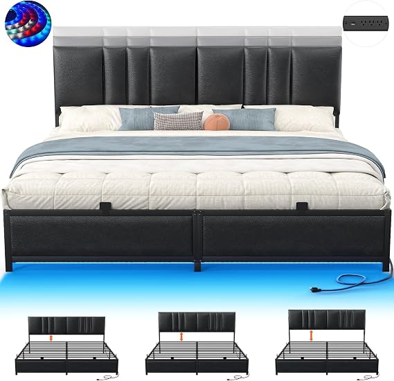 Besiost King Size Bed Frame with 3 Height Adjustable Headboard, Upholstered Leather Platform Bed with LED Light & Charging Station, Stable Metal Frame Support, No Box Spring Needed, Noise Free, Black