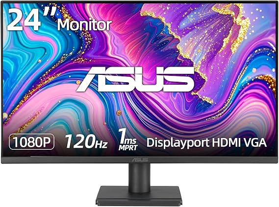 ASUS TUF 24" IPS Monitor, Full HD(1920x 1080), LED Display, 120Hz, 1ms, Adaptive-Sync, 99% sRGB, Anti-Glare M, VESA Mountable, Speakers, DisplayPort, HDMI, VGA, Ajustable Stand