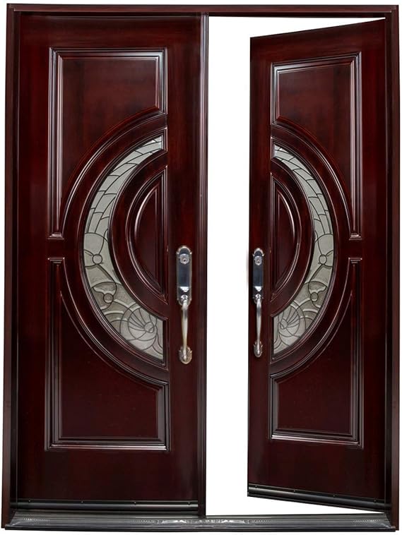 Mahogany Wood Double Doors with the Dual Crescent Glass,30"x30"x80" Left Hand is Swing, Front Entry Door (30"x30"x80", Right-Hand)