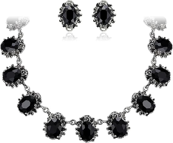 Victorian Style Statement Necklace Pierced Earrings Jewellery Set for Women Crystal Floral Cameo Inspired Oval Party Prom Jewelry