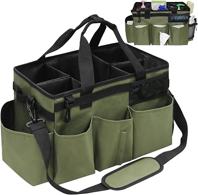 Wearable Cleaning Caddy Bag, Kitchen Supplies Organizer with Handle&Shoulder Strap, Under Sink&Car Cleaning Tool Tote with 4 Foldable Dividers for Housekeepers Cleaners Army Green
