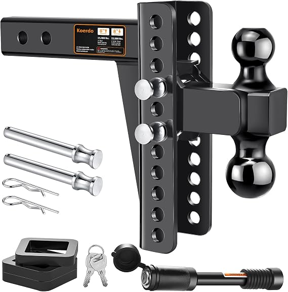 Adjustable Trailer Hitch -Drop Hitch-Tow Hitch FITS 2.5 inch Receiver-8inch Drop/Rise, 2" & 2-5/16" Ball Hitches for Trucks, 22,000 LBS GTW, Trailer Hitches with Anti-Theft Pin, Black