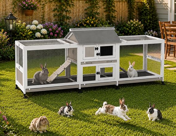 Extra Large 2-Story Rabbit Hutch Indoor and Outdoor with Dual Run Areas for 2-6 Rabbits & Guinea Pig, Wooden Bunny Hutch with 4 Pull-Out Trays, 2 Chew-Proof Ramps, Asphalt Roof, 8 Lockable Wheels