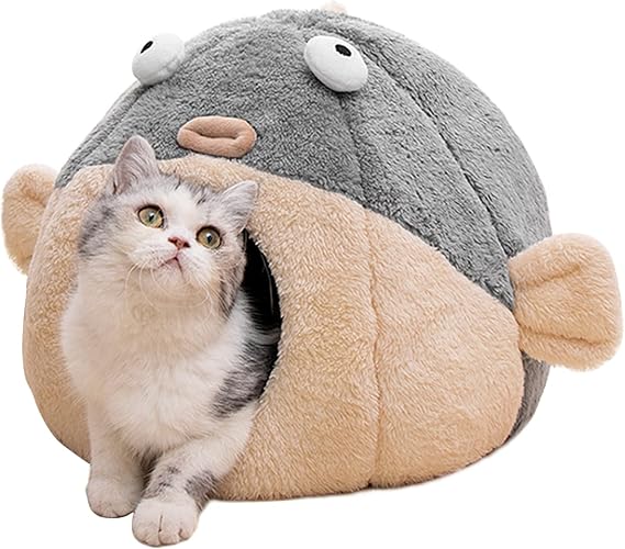 Cat Beds for Indoor Cats-Cat Bed Cave,Cute Lively Pufferfish Shape,Grey M