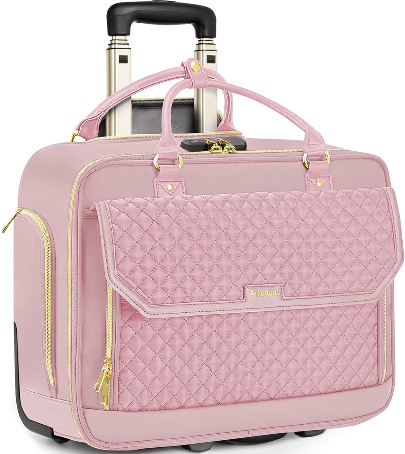 Arcoyard Rolling Laptop Bag for Women 17.3 Inch Rolling Briefcase with Telescopic Handle Work Bag on Wheels Roller Computer Bag for Teachers, Diamond Pink, 2XL, Diamond