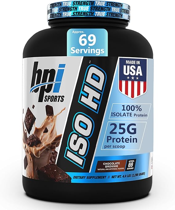 BPI Sports ISO HD Isolate Protein Powder 100% Whey Isolate, Protein Powder for Muscle Gain - Chocolate Brownie, 5.4 Pounds - 69 Servings