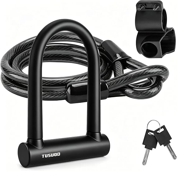 Bike Lock Heavy Duty Anti Theft U Lock,Waterproof and Rust-Proof, with 4ft Safety Steel Cable, 2 Keys and mounting Bracket. Fits Road, Mountain and Electric Bicycles.