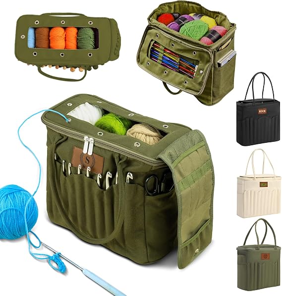 UIDMEN Personalized Name Crochet Bag, Stylish Yarn Bag for Crochet and Knitting Projects, Canvas Crochet Organizer with Multiple Pockets and Yarn Holes, Knitting Bag for Crochet Lovers, Mom, Grandma