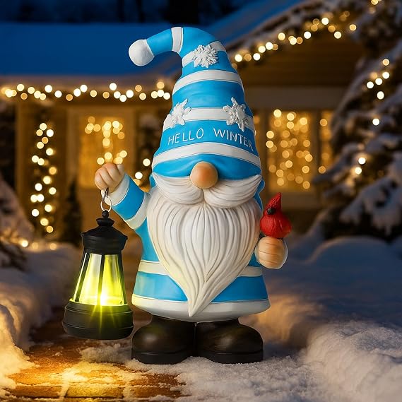 Tuanse 8" Hello Winter Gnome Statue Decorations for Outdoor Resin Garden Gnome Holding Lantern with Solar Lights and Cardinals Snowflakes Figurine for Porch Christmas Outdoor Patio House Decoration